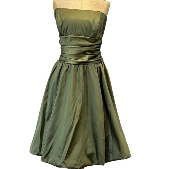Vintage Y2K Davids Bridal Strapless Dress 14 Bubble Hem Tafetta Olive USA Prom‎ - Picture 1 of 11